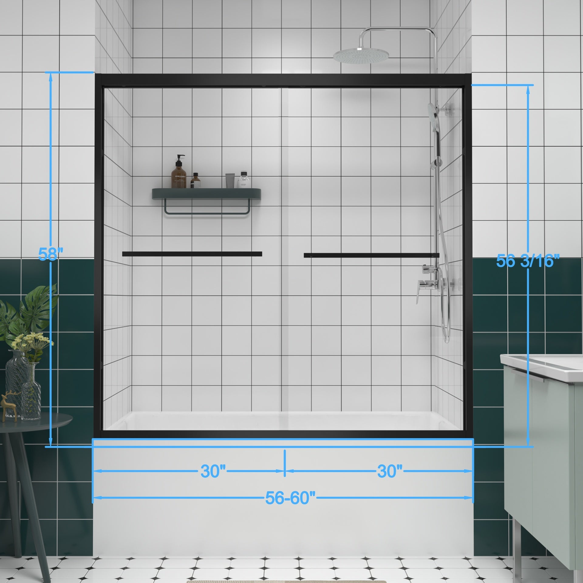 56-60"x58" Aluminum Frame Double Sliding Bathtub Screen,Bypass Bathroom Sliding Door with Premium 1/4" (6mm) Clear Tempered Glass, Black Hardware Sliding Glass Shower Enclosure,Matte Black Finished