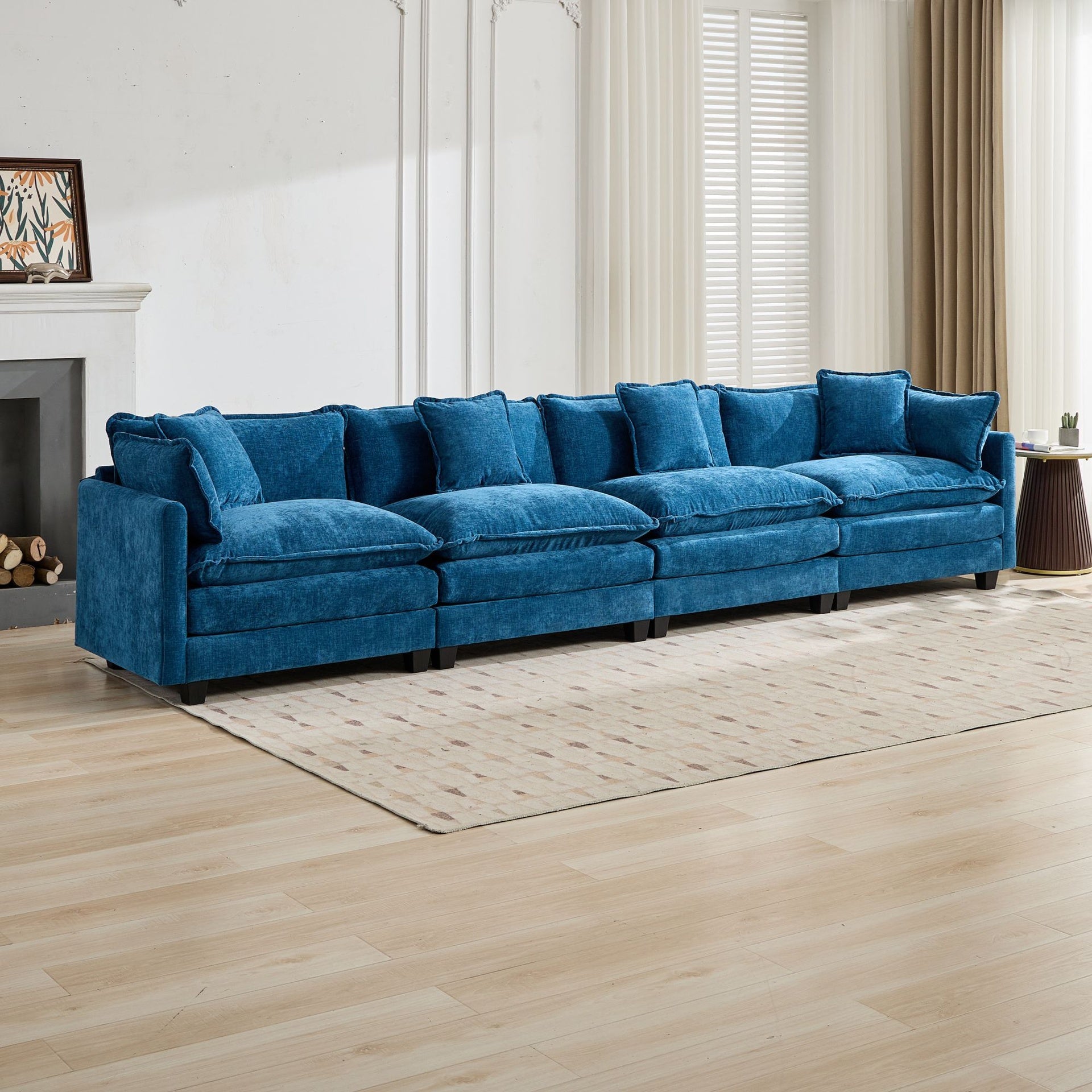 Cloud Sofa 4 Seats (Ottoman is not included), Modern Sectional Couch, for Living Room Bedroom and Apartment, Comfy Double Layer Upholstered Seat Cushion, Breathable Chenille Fabric, Blue,SW5014BL