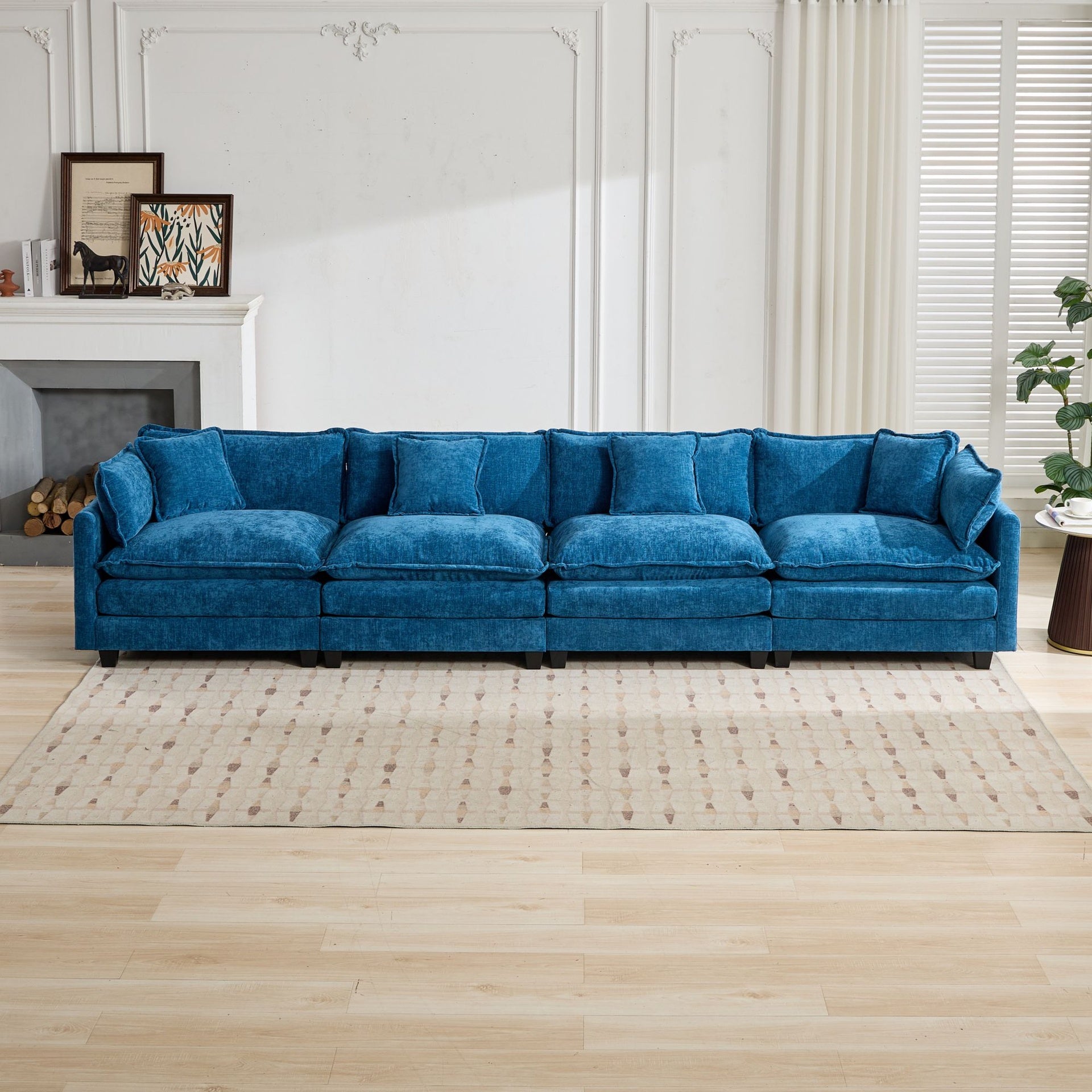 Cloud Sofa 4 Seats (Ottoman is not included), Modern Sectional Couch, for Living Room Bedroom and Apartment, Comfy Double Layer Upholstered Seat Cushion, Breathable Chenille Fabric, Blue,SW5014BL