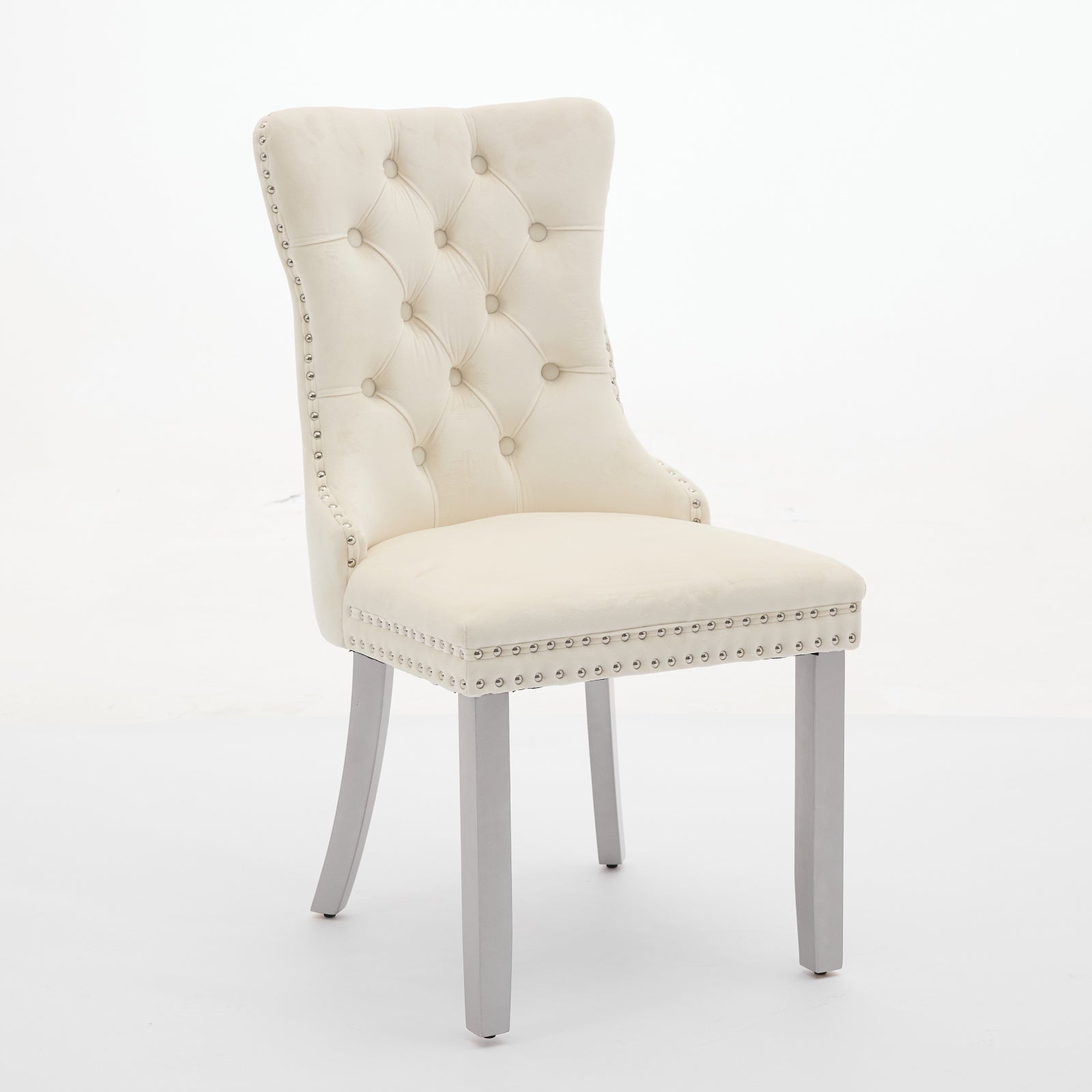 A&A Furniture, Nikki Collection Modern, High-end Tufted Solid Wood Contemporary Velvet Upholstered Dining Chair with Wood Legs Nailhead Trim 2-Pcs Set, Milky White,SW1301MW