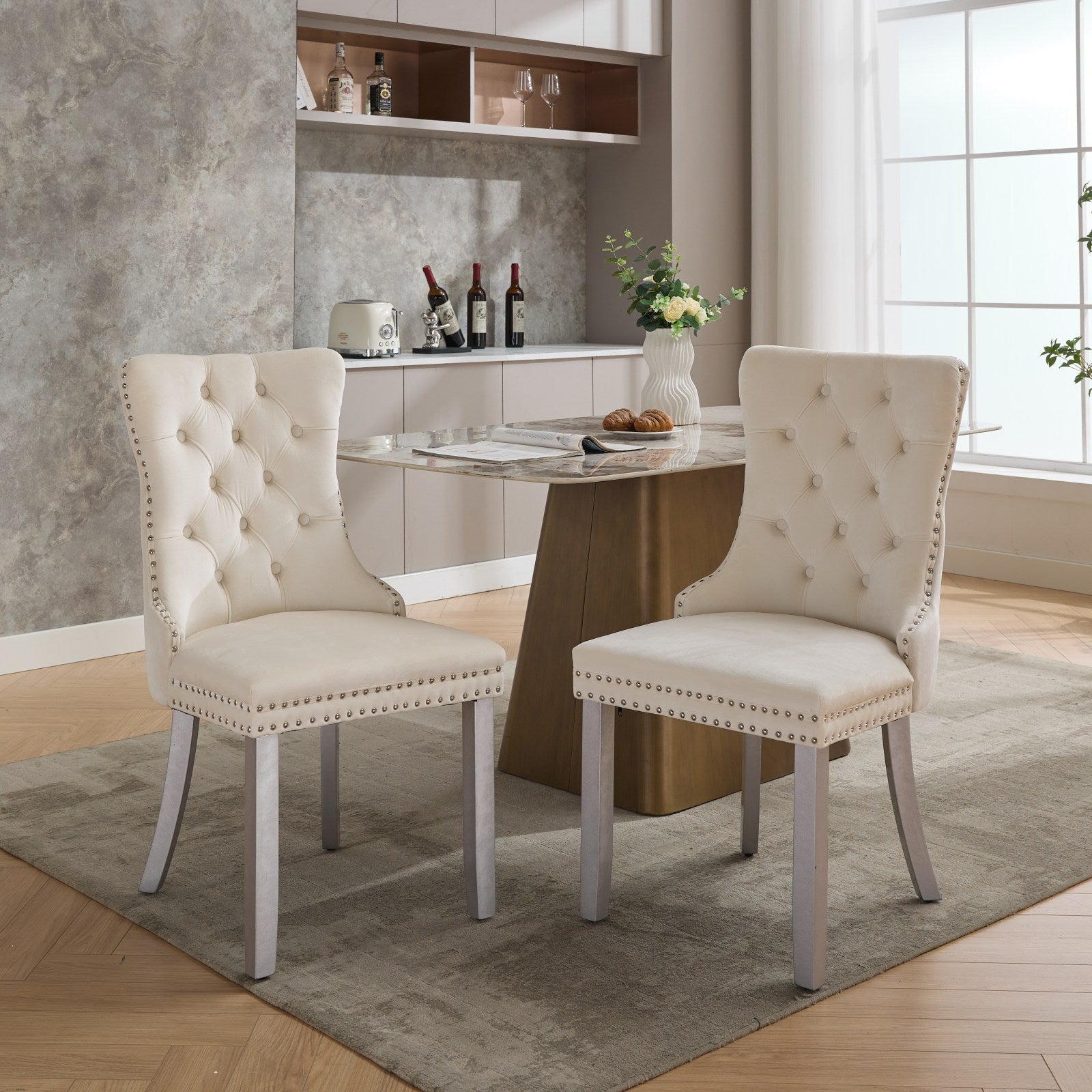 A&A Furniture, Nikki Collection Modern, High-end Tufted Solid Wood Contemporary Velvet Upholstered Dining Chair with Wood Legs Nailhead Trim 2-Pcs Set, Milky White,SW1301MW