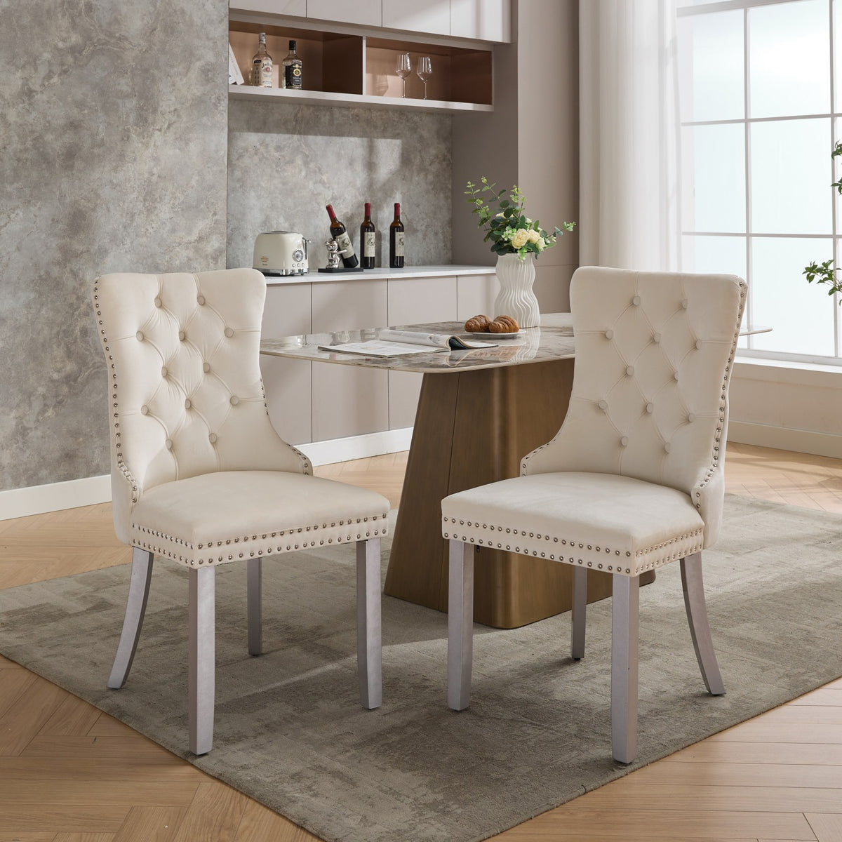 A&A Furniture, Nikki Collection Modern, High-end Tufted Solid Wood Contemporary Velvet Upholstered Dining Chair with Wood Legs Nailhead Trim 2-Pcs Set, Milky White,SW1301MW