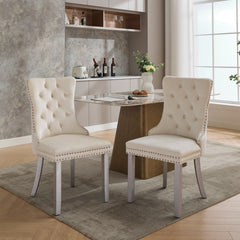 A&A Furniture, Nikki Collection Modern, High-end Tufted Solid Wood Contemporary Velvet Upholstered Dining Chair with Wood Legs Nailhead Trim 2-Pcs Set, Milky White,SW1301MW
