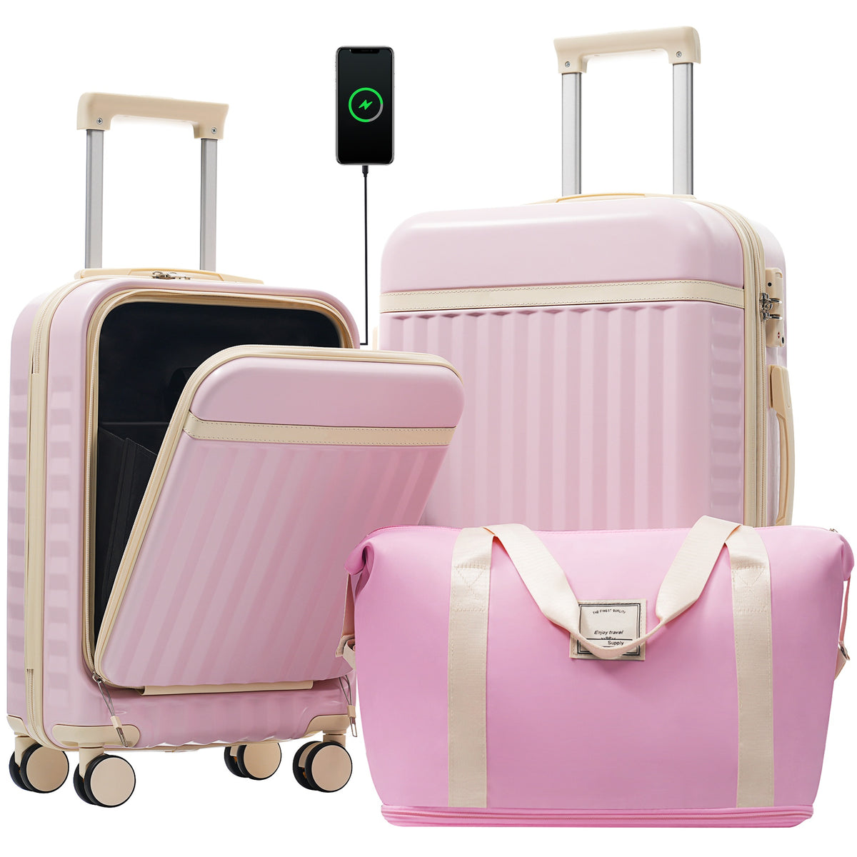 Front Opening Luggage Set 3 Piece, Hardside Carry on Suitcase with USB Port, Expandable Luggage with Handle Bag Spinner Wheels TSA Lock