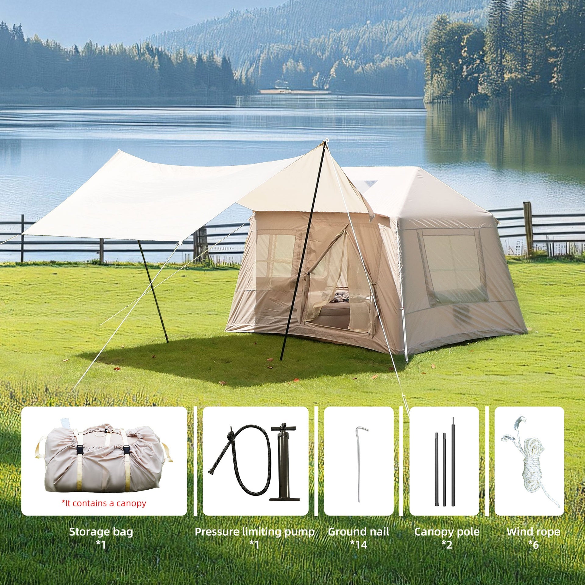 5.72m ² Inflatable Camping Tent, Glamping Tents Easy Setup 4 Season Windproof Outdoor Cotton Tent with Stove Jack & Mesh Windows & Pump