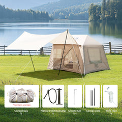 5.72m ² Inflatable Camping Tent, Glamping Tents Easy Setup 4 Season Windproof Outdoor Cotton Tent with Stove Jack & Mesh Windows & Pump