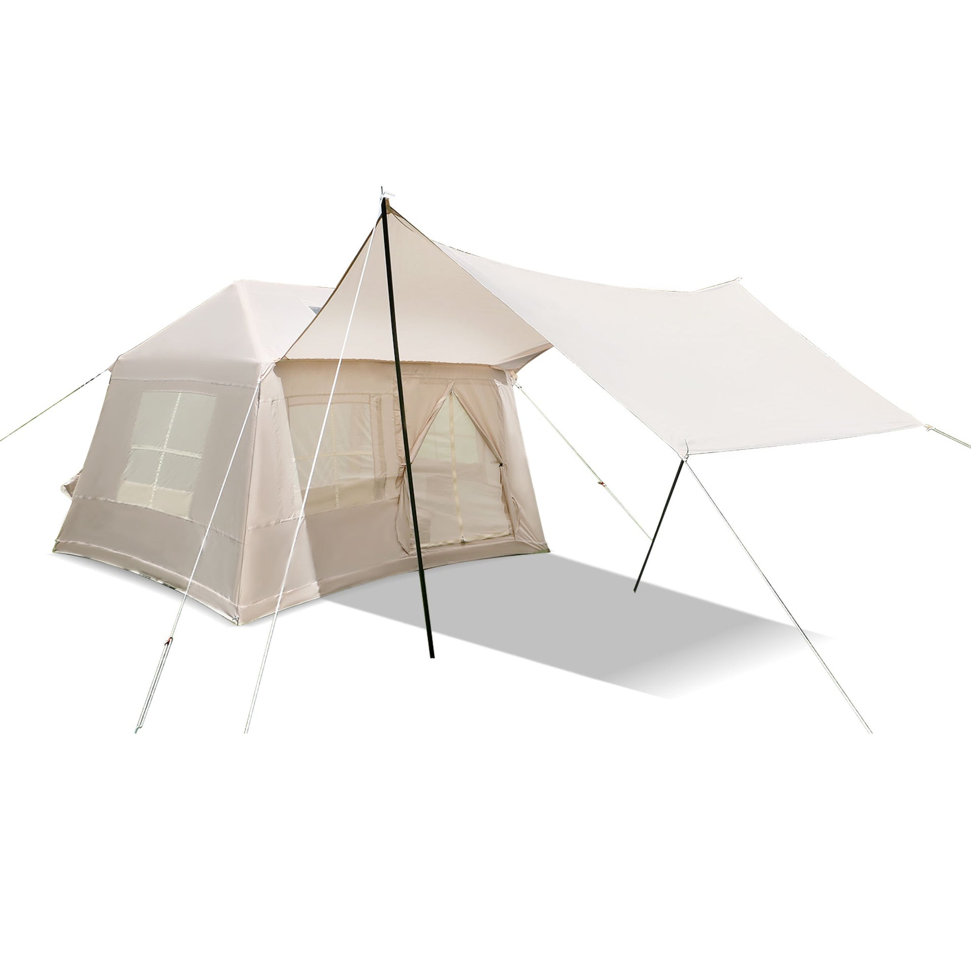 5.72m ² Inflatable Camping Tent, Glamping Tents Easy Setup 4 Season Windproof Outdoor Cotton Tent with Stove Jack & Mesh Windows & Pump