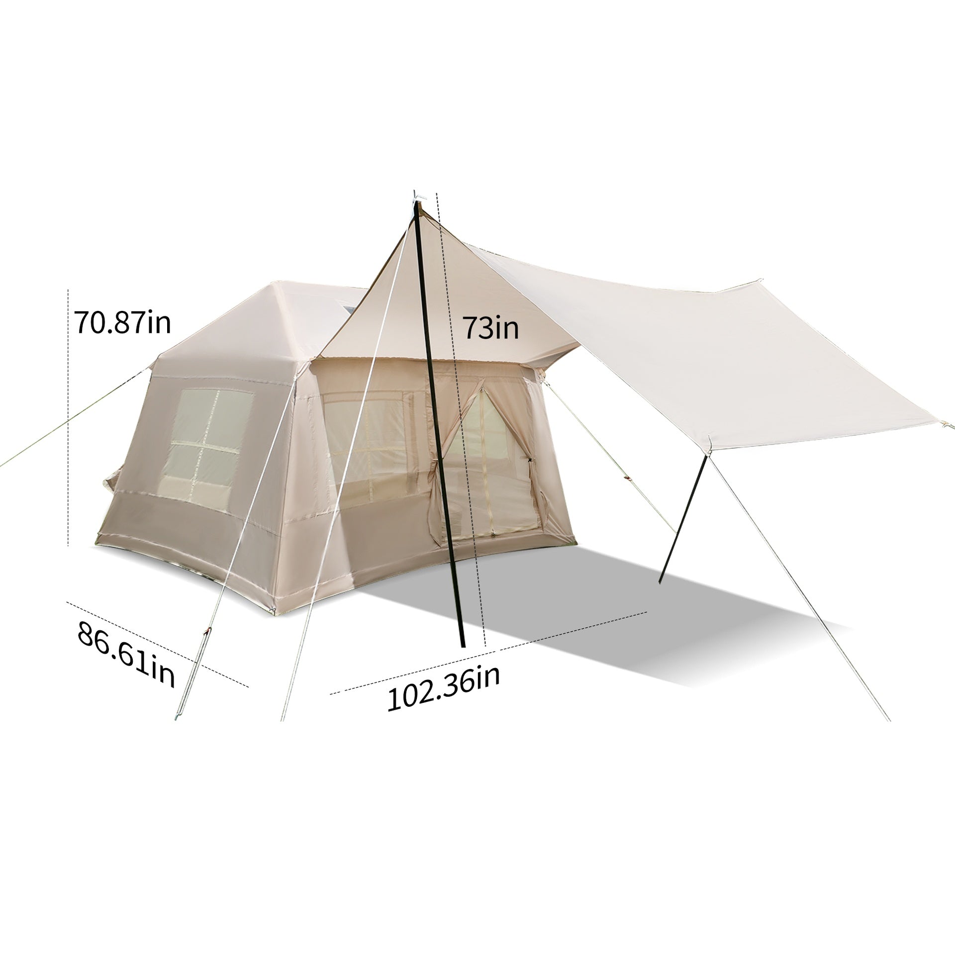 5.72m ² Inflatable Camping Tent, Glamping Tents Easy Setup 4 Season Windproof Outdoor Cotton Tent with Stove Jack & Mesh Windows & Pump