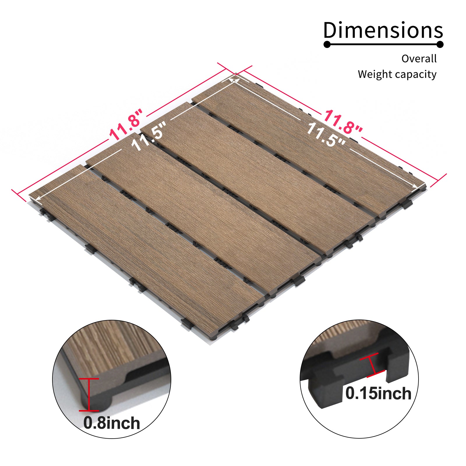 Patio Floor Tiles Pack of 22  WPC Wood-Plastic Composite Patio Deck Tiles DIY Interlocking Decking Tiles, Quick Deck Floor Tile, Court Tile, Water Resistant Indoor Outdoor -11.8" Oak