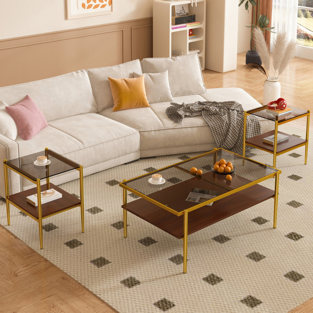 Coffee Table and End tables Set of 3, Tempered Glass Table with MDF layer, Modern Tables for Living Room , Gray Glass