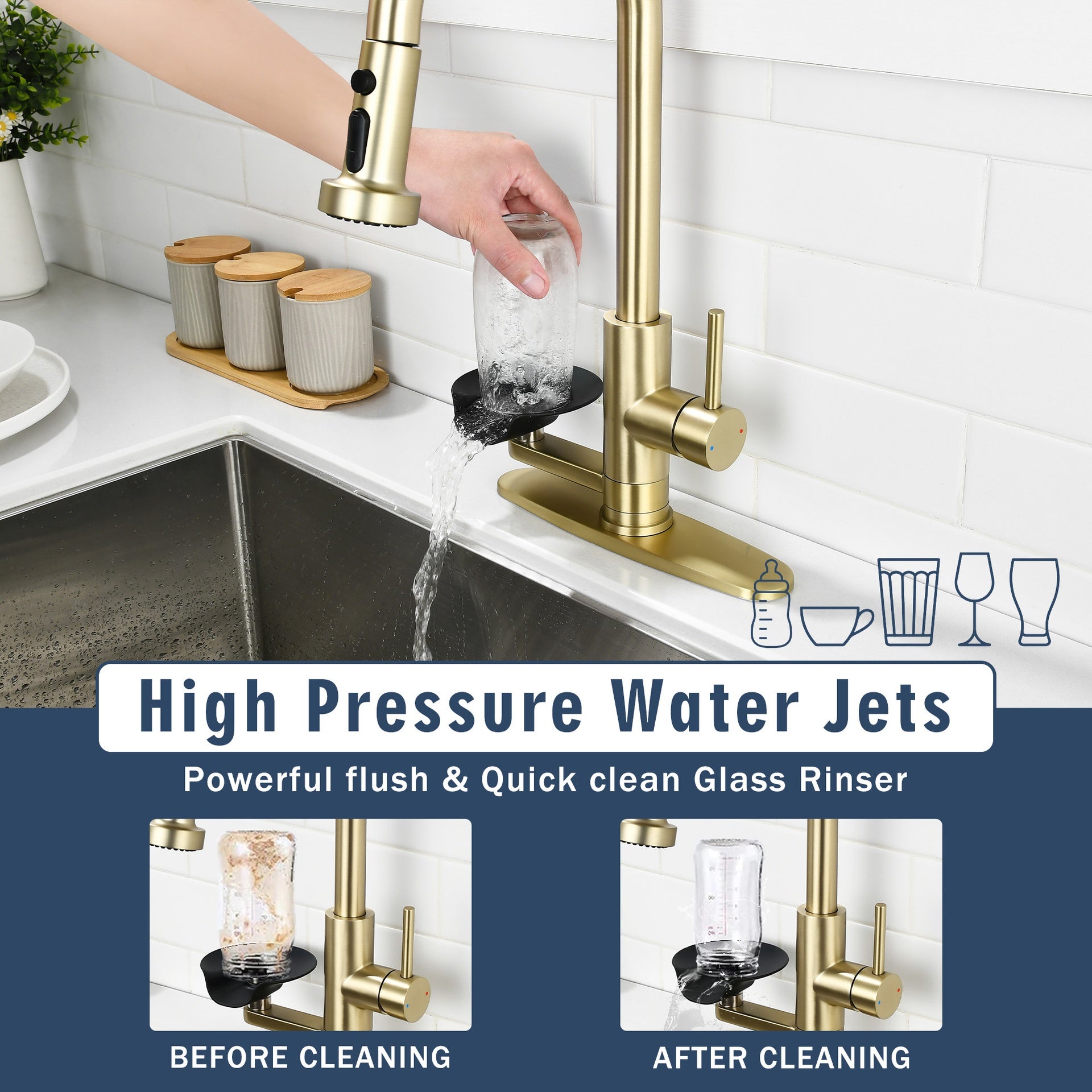 3-in-1 Kitchen Faucet with Press-Type Glass Rinser, Universal for 1 & 3 Holes, High-Arc Pull-Down Sprayer with 3 Function Spray Mode, Brushed Gold Finish
