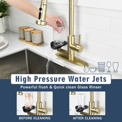 3-in-1 Kitchen Faucet with Press-Type Glass Rinser, Universal for 1 & 3 Holes, High-Arc Pull-Down Sprayer with 3 Function Spray Mode, Brushed Gold Finish