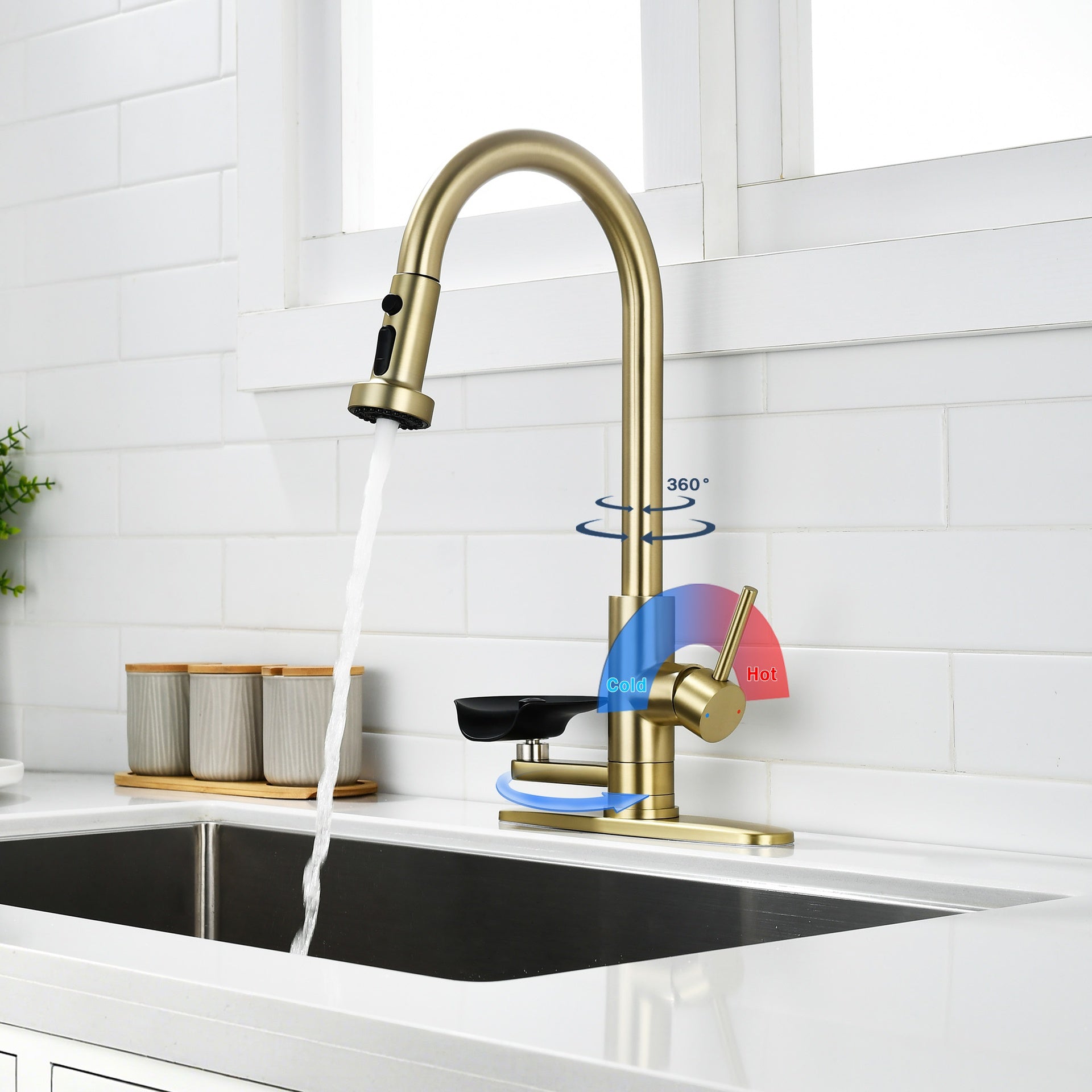 3-in-1 Kitchen Faucet with Press-Type Glass Rinser, Universal for 1 & 3 Holes, High-Arc Pull-Down Sprayer with 3 Function Spray Mode, Brushed Gold Finish