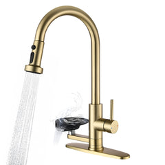 3-in-1 Kitchen Faucet with Press-Type Glass Rinser, Universal for 1 & 3 Holes, High-Arc Pull-Down Sprayer with 3 Function Spray Mode, Brushed Gold Finish