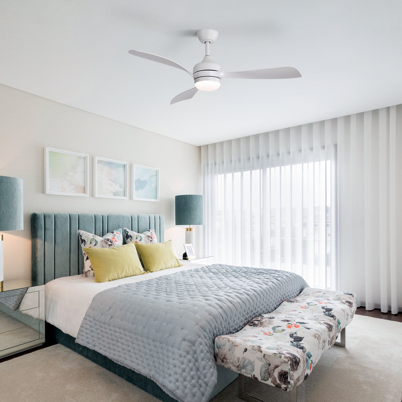 52-Inch Ceiling Fan With 3 ABS Blades,Remote Control,Reversible DC Motor,Noiseless&Effective,3 Downrods(5/10/24-Inch) Available,LED Dimmable,All White