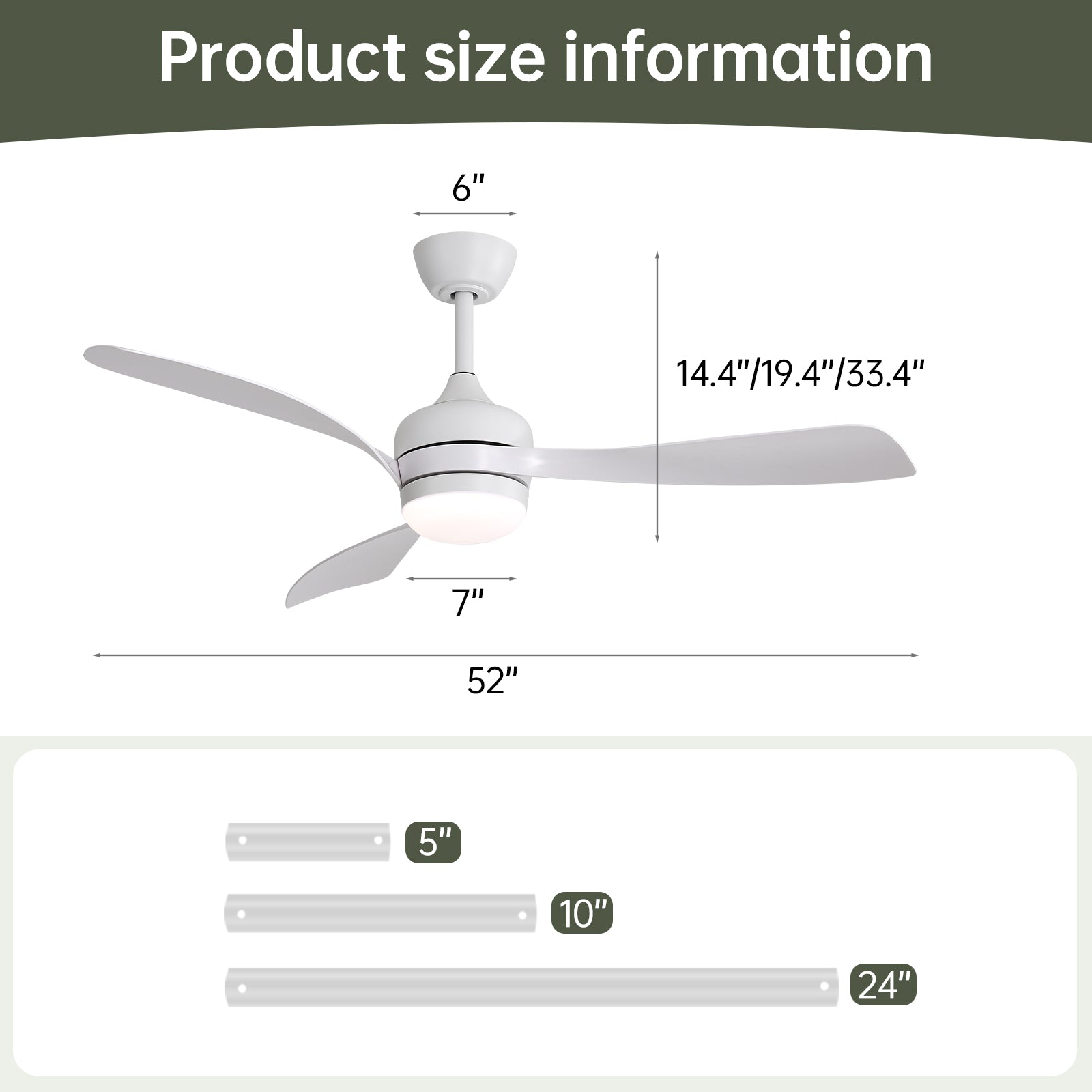 52-Inch Ceiling Fan With 3 ABS Blades,Remote Control,Reversible DC Motor,Noiseless&Effective,3 Downrods(5/10/24-Inch) Available,LED Dimmable,All White