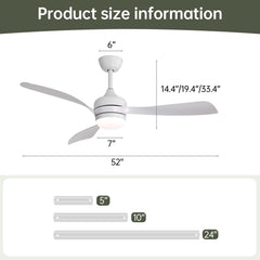 52-Inch Ceiling Fan With 3 ABS Blades,Remote Control,Reversible DC Motor,Noiseless&Effective,3 Downrods(5/10/24-Inch) Available,LED Dimmable,All White