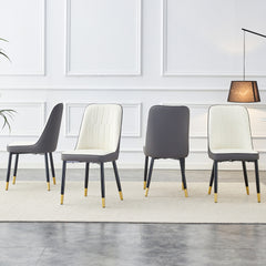 A modern dining chair with a white dark gray dual tone PU leather backrest and black metal legs, suitable for kitchens, bedrooms, and offices. A set of 4 pieces (white+dark gray+PU)C-007 W1151118960