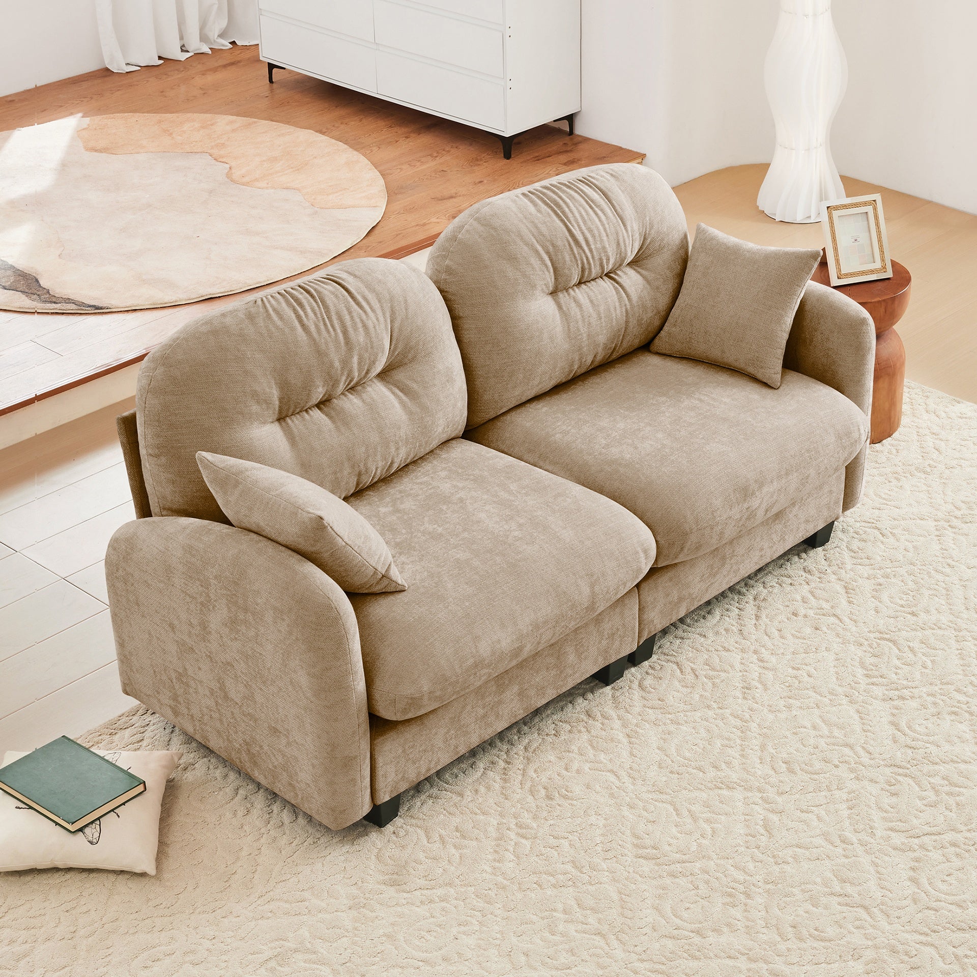 Loveseat Cloud Sectional Couches Chenille Fabric, Tufted Cushion Backrest Design, Ergonomic Design, High-Density Foam Easy Install Elegant Armrests High Quality Wooden Base,Fits Living Rooms,Camel