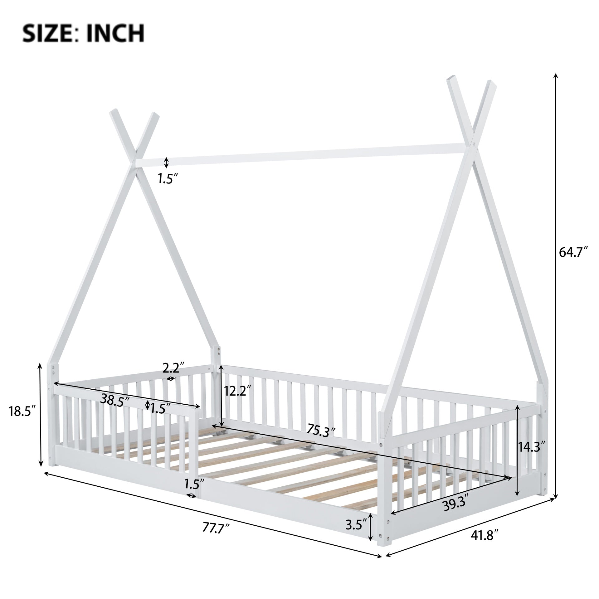 Twin Size Wood House Bed with Fence, White