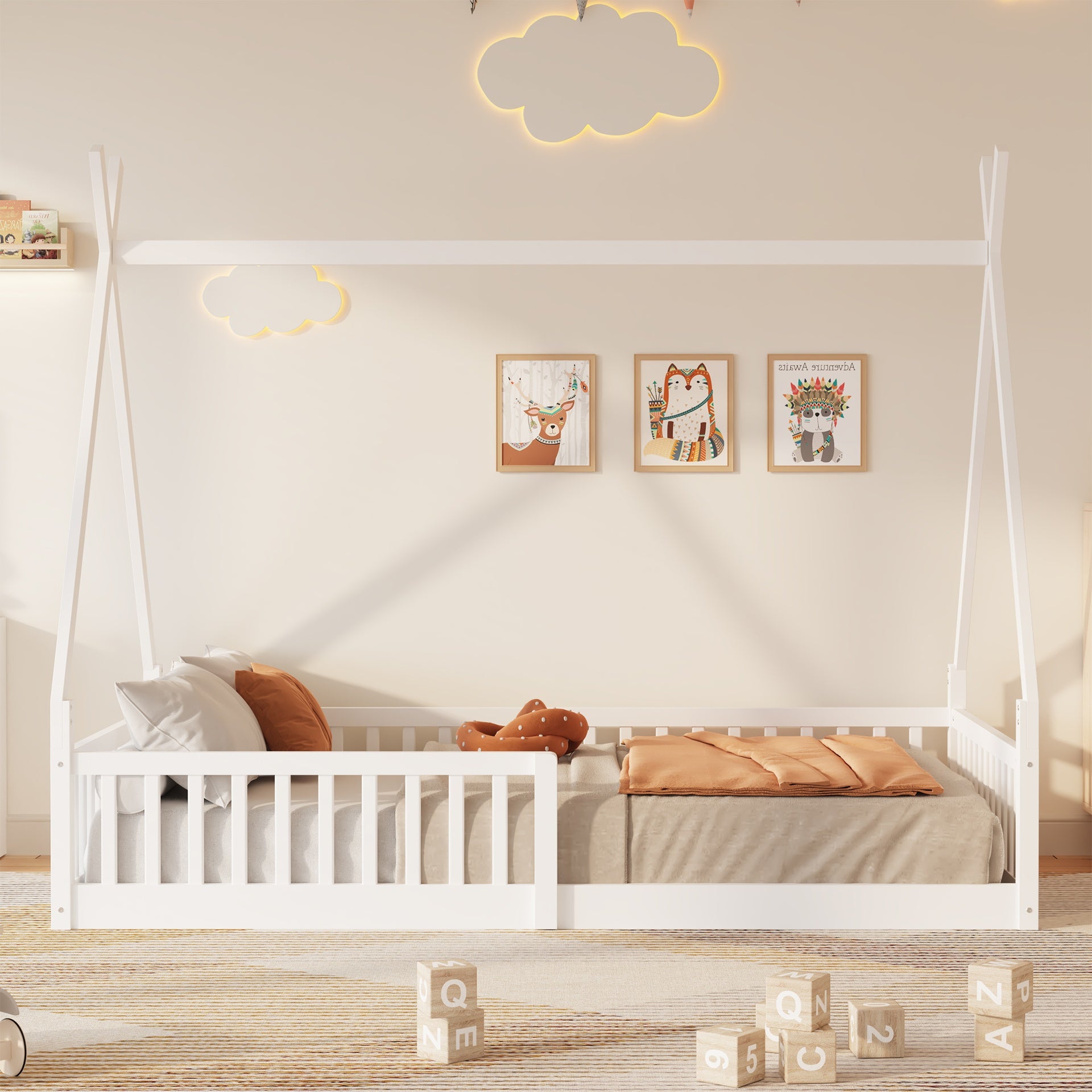 Twin Size Wood House Bed with Fence, White