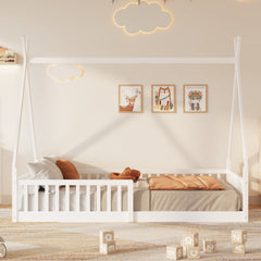 Twin Size Wood House Bed with Fence, White