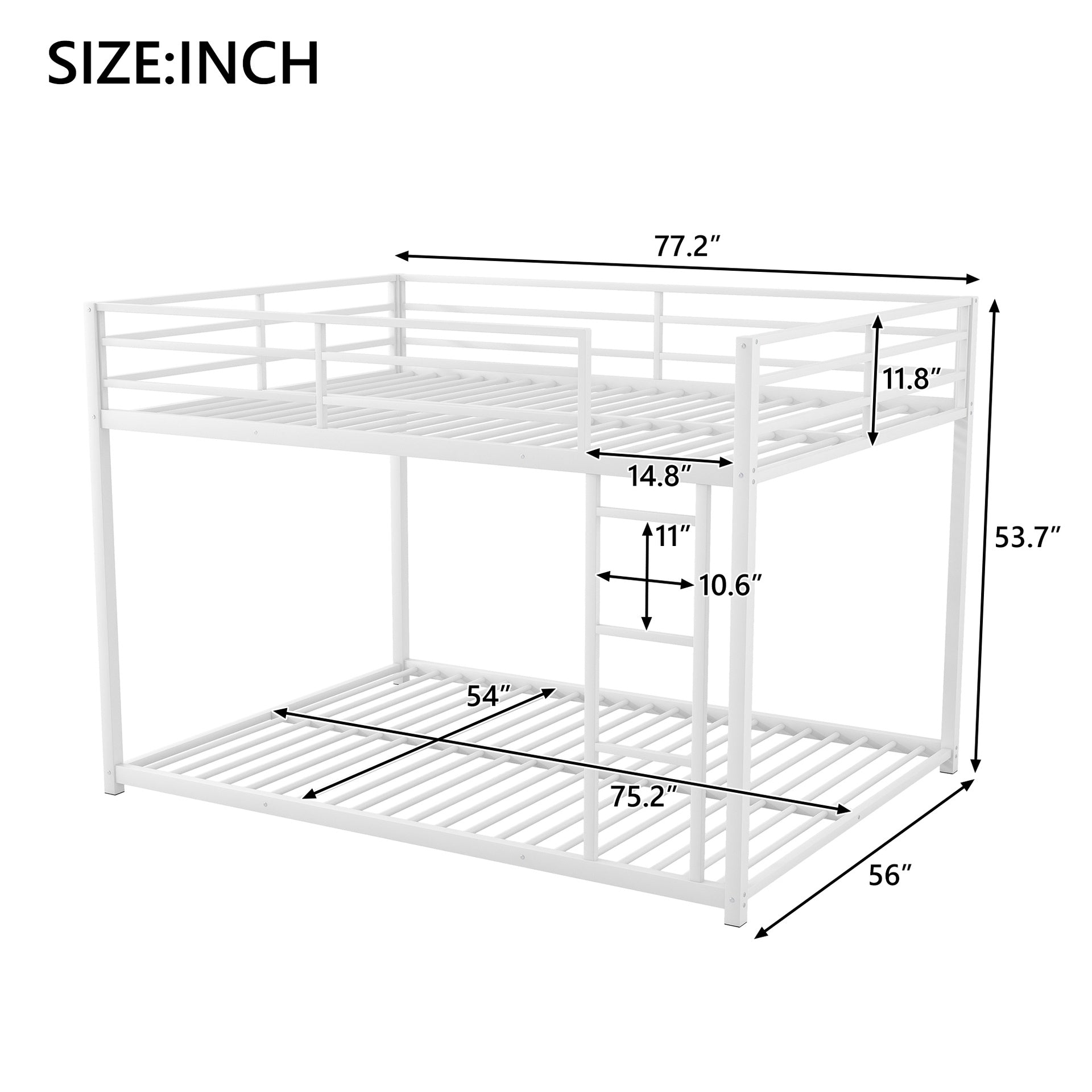 Full over Full Metal Bunk Bed, Low Bunk Bed with Ladder, White
