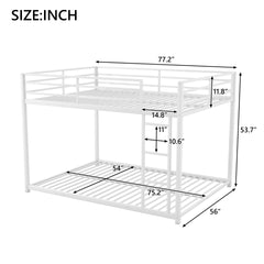 Full over Full Metal Bunk Bed, Low Bunk Bed with Ladder, White