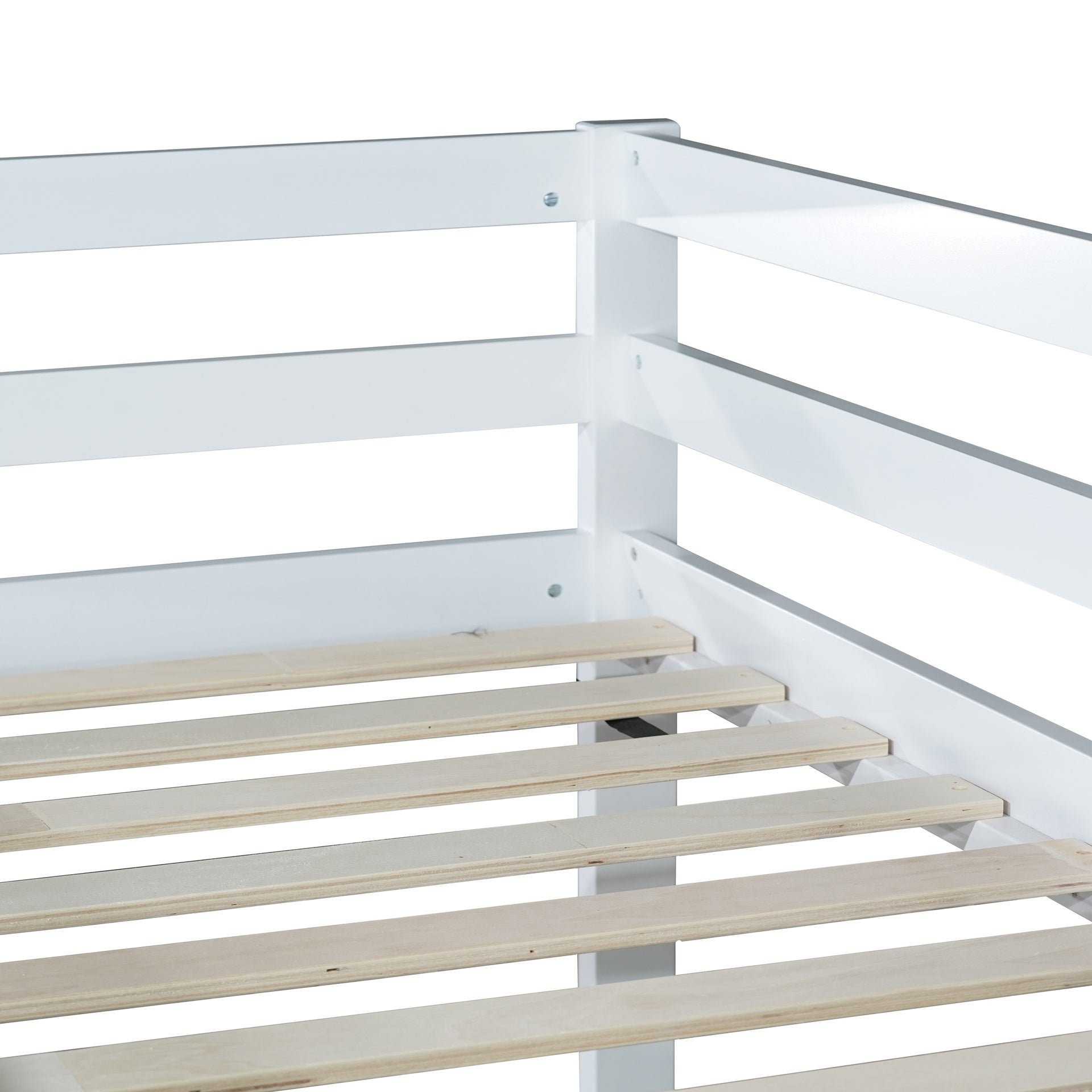Solid Wooden , Solid Rubber Wooden Twin over Twin Floor Bunk Bed with Ladder ,Upper and Bottom Bed Platforms crafted with Strengthened Slats, White