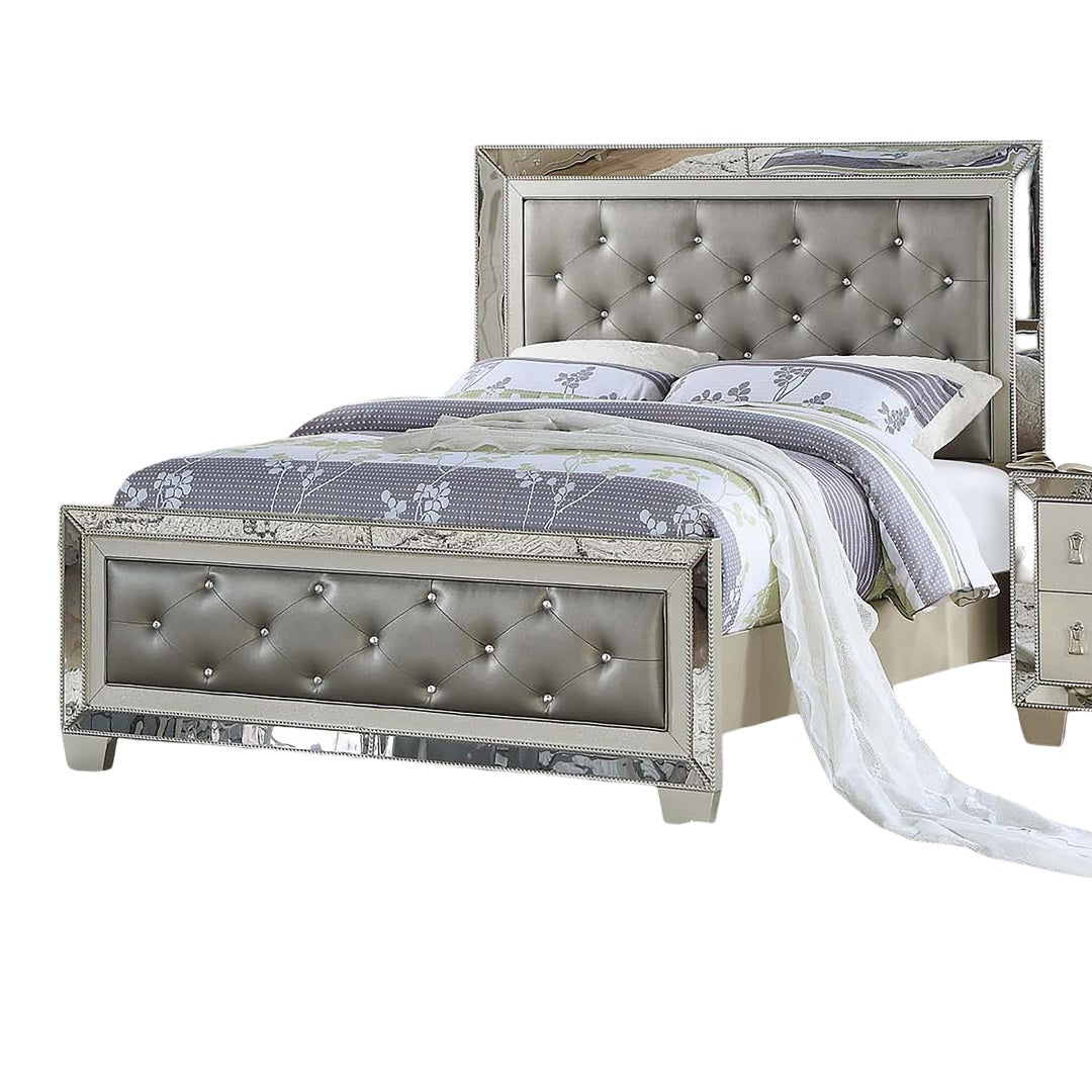 Glamorous Silver Faux Leather Tufted Headboard FB 1pc California King Size Bed Mirror Trim Bedroom Furniture