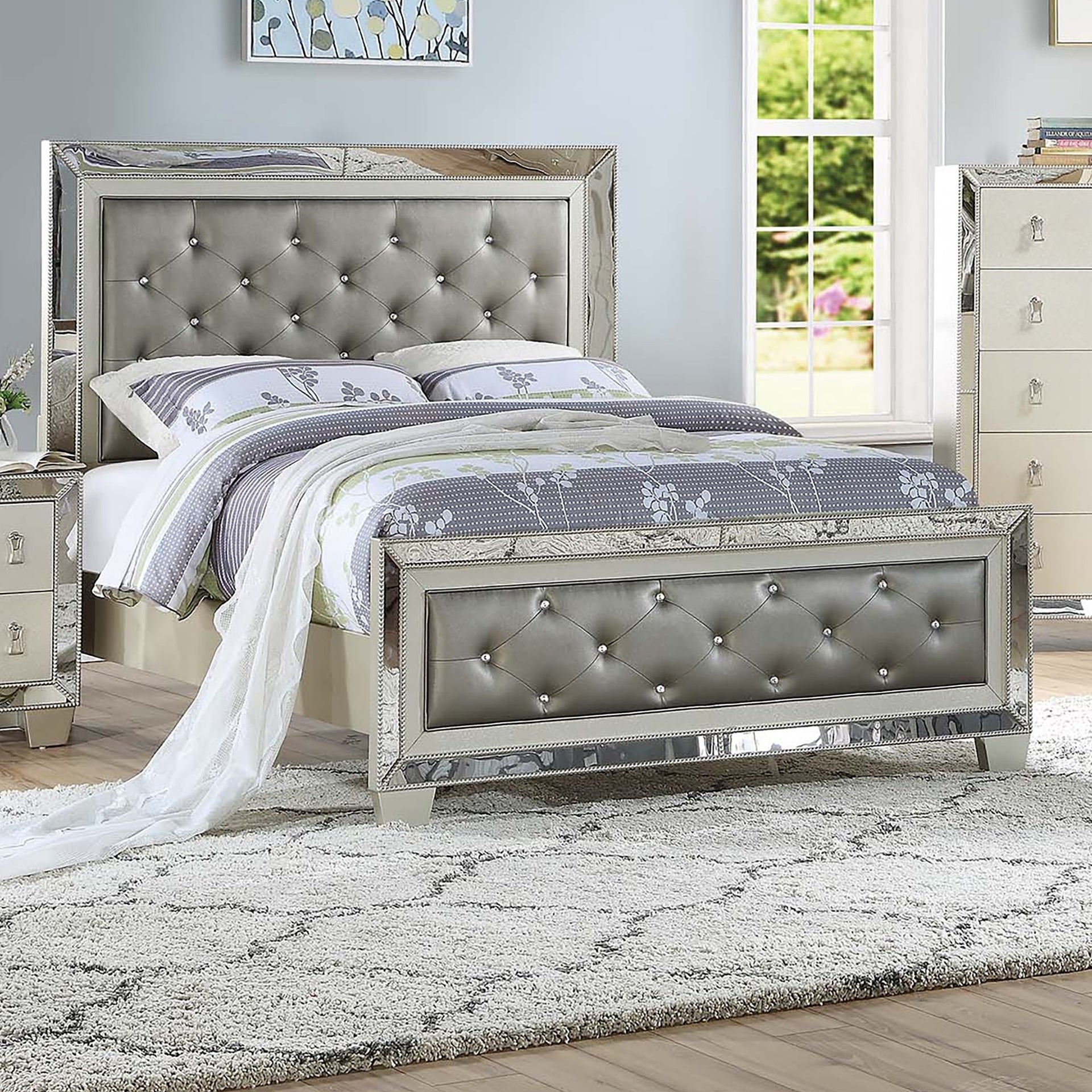 Glamorous Silver Faux Leather Tufted Headboard FB 1pc California King Size Bed Mirror Trim Bedroom Furniture