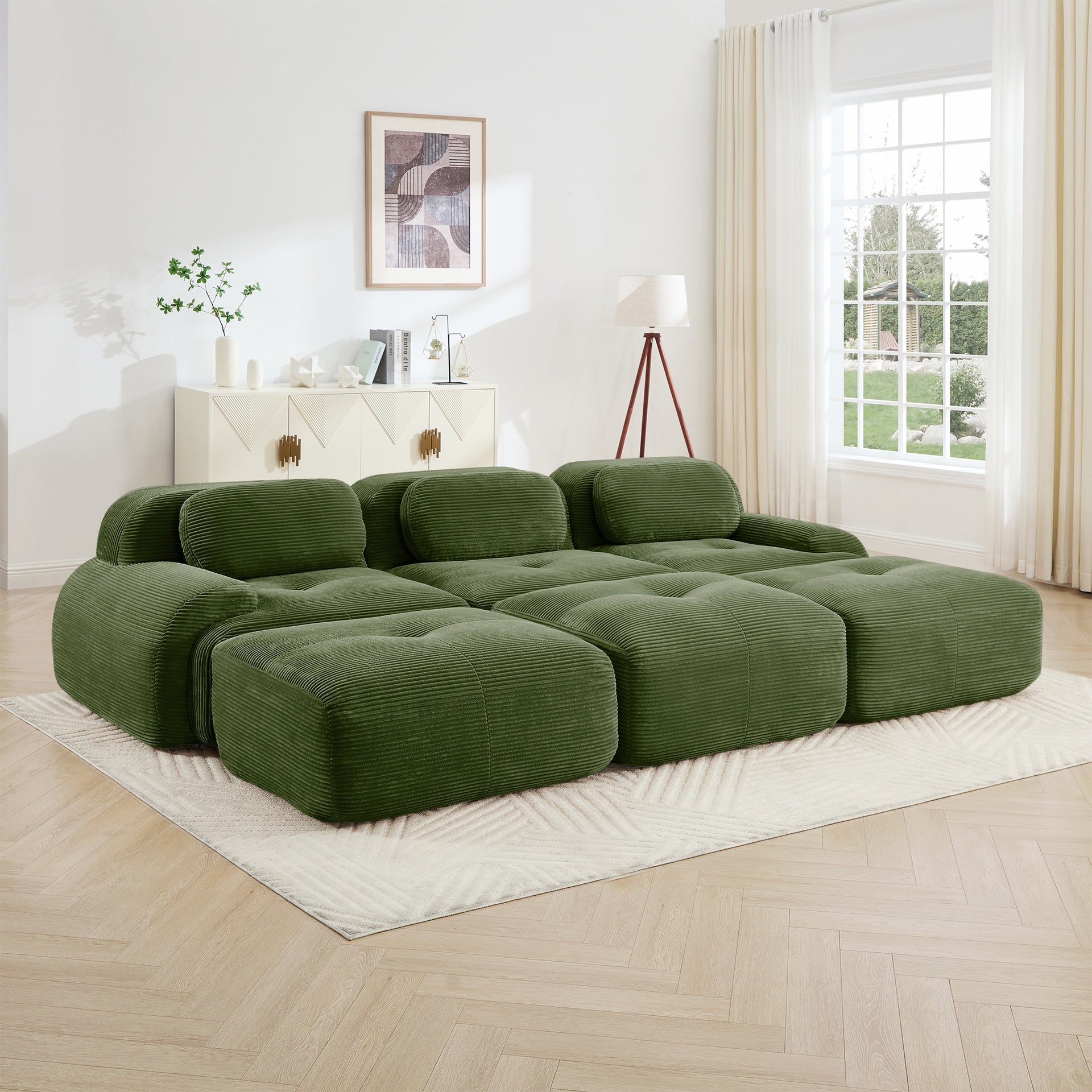 Three-seat modular sofa with 3 Ottomans corduroy fabric no assembly pet-friendly ultra-wide curved armrests 32D high-resilience sponge living rooms media rooms,Olive Green
