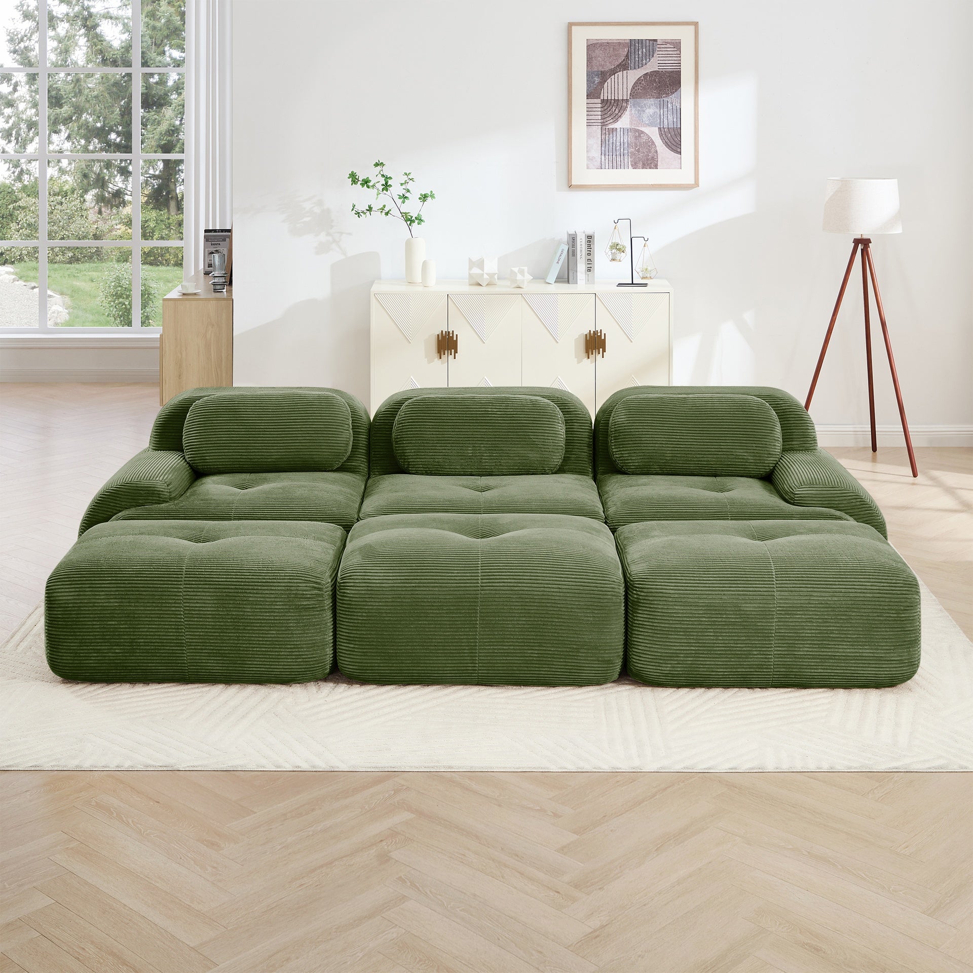 Three-seat modular sofa with 3 Ottomans corduroy fabric no assembly pet-friendly ultra-wide curved armrests 32D high-resilience sponge living rooms media rooms,Olive Green
