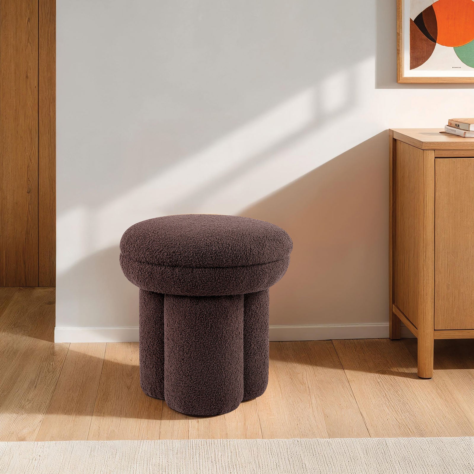 Contemporary Style Round Top Accent Chair Pedestal Base Mushroom Design Stool Brown Finish Primary Living Room