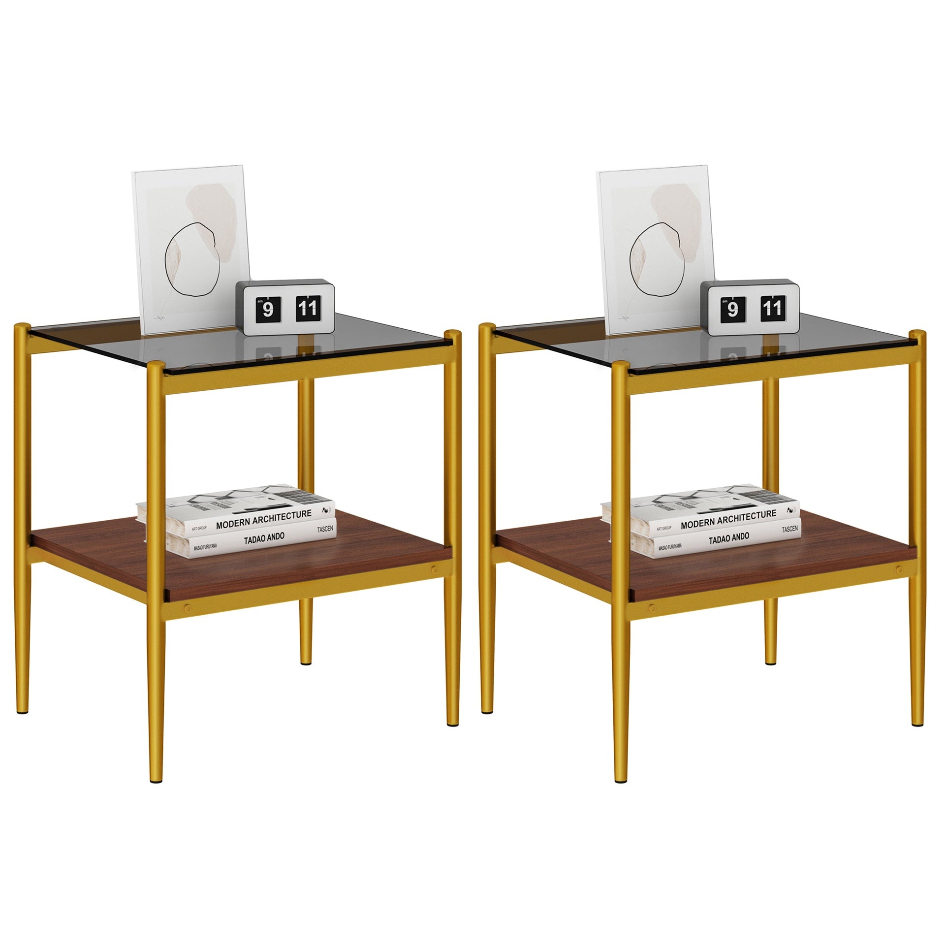 Set of 2 Rectangle End Table, Tempered Glass Tabletop with MDF layer, Modern Table for Living Room , Gray Glass