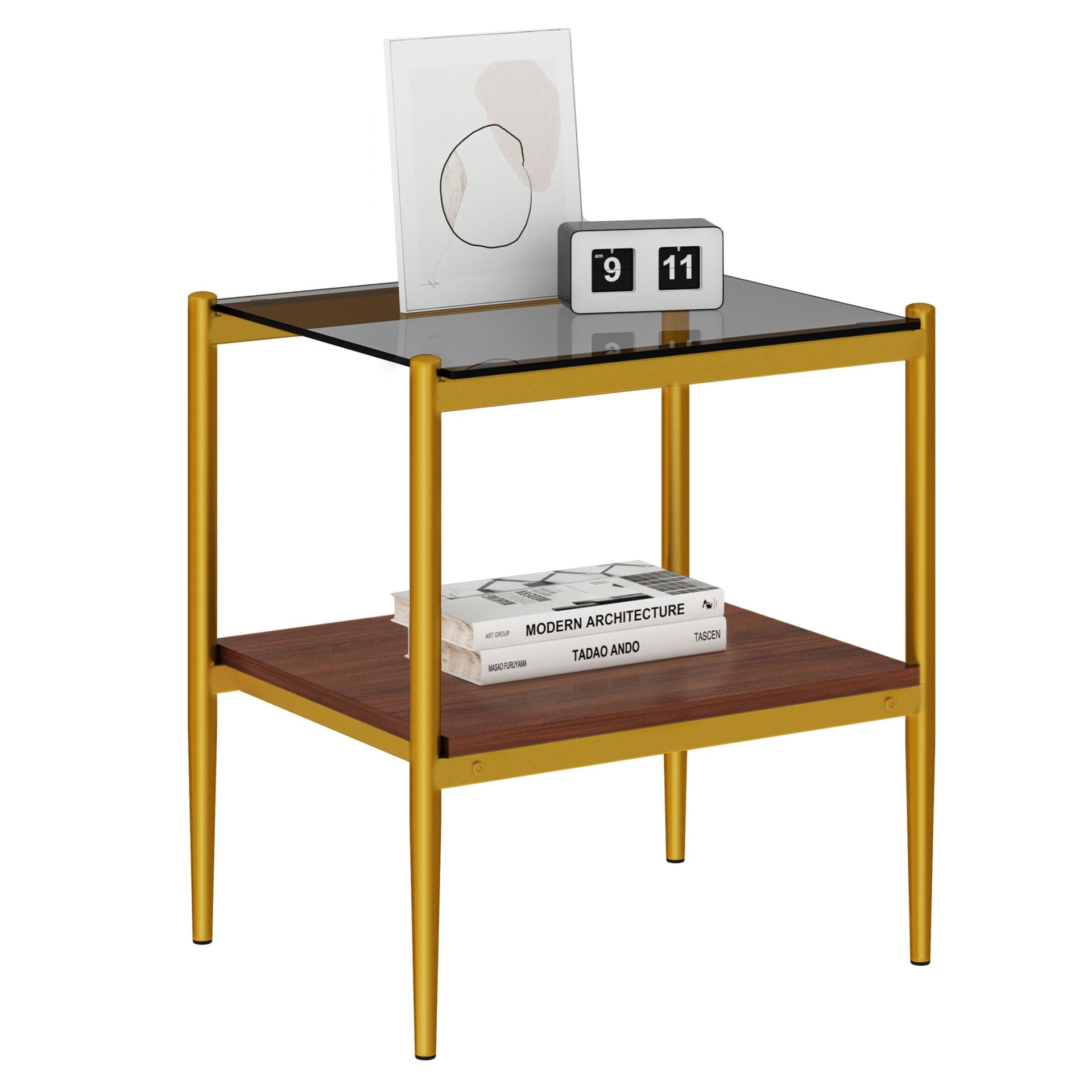 Set of 2 Rectangle End Table, Tempered Glass Tabletop with MDF layer, Modern Table for Living Room , Gray Glass