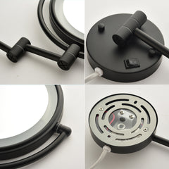 8 Inch LED Wall Mount Two-Sided Magnifying Makeup Vanity Mirror, 12 Inch Extension Matte Black, 1X/3X Magnification, 360 Degree Rotation, Waterproof Button Shaving Mirror