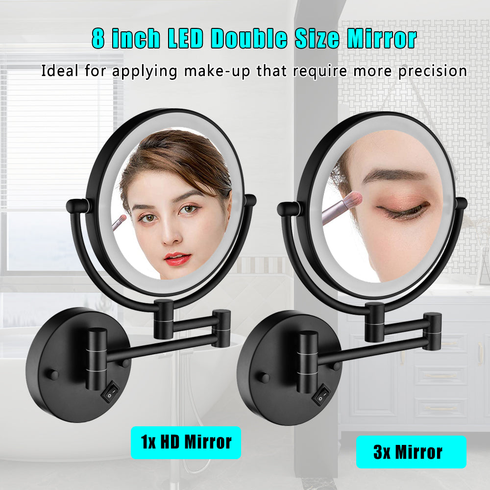 8 Inch LED Wall Mount Two-Sided Magnifying Makeup Vanity Mirror, 12 Inch Extension Matte Black, 1X/3X Magnification, 360 Degree Rotation, Waterproof Button Shaving Mirror