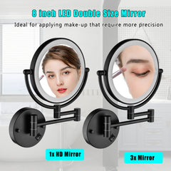 8 Inch LED Wall Mount Two-Sided Magnifying Makeup Vanity Mirror, 12 Inch Extension Matte Black, 1X/3X Magnification, 360 Degree Rotation, Waterproof Button Shaving Mirror