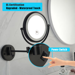 8 Inch LED Wall Mount Two-Sided Magnifying Makeup Vanity Mirror, 12 Inch Extension Matte Black, 1X/3X Magnification, 360 Degree Rotation, Waterproof Button Shaving Mirror