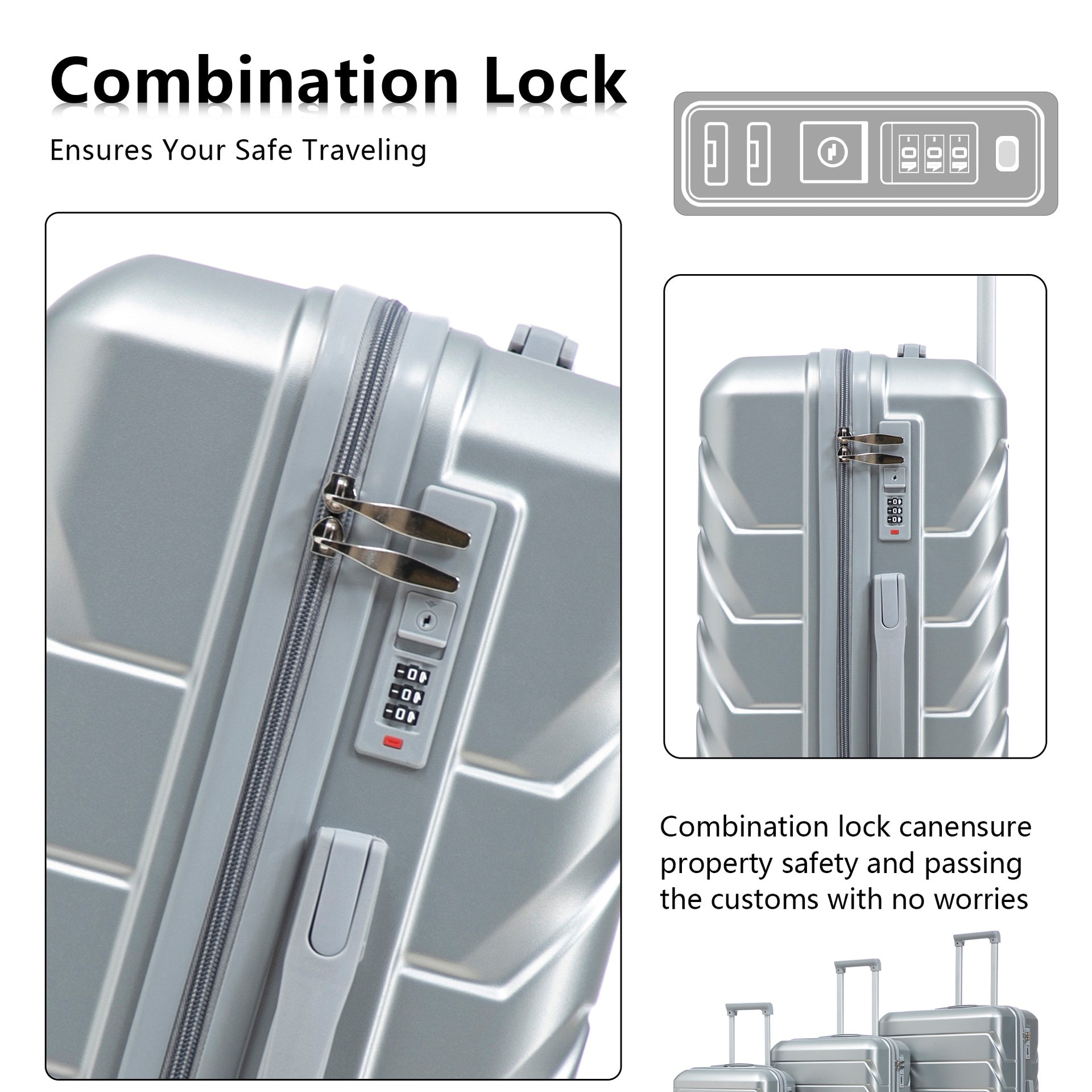 20"/24"/28" 3 pcs/set in ABS Spinner Wheel Luggage, Matching Color , With Combination Lock (Silver)