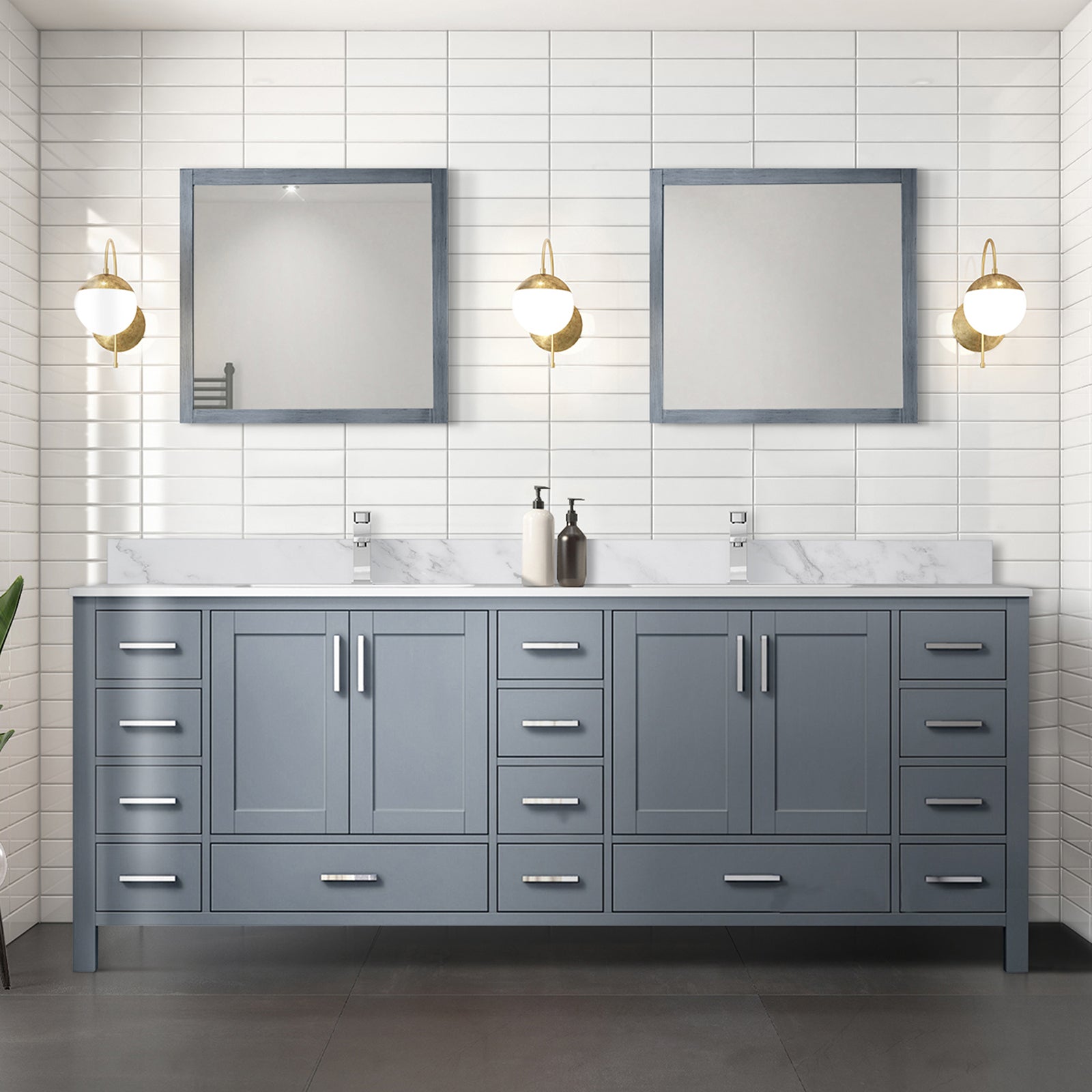 Dark Grey Double Bath Vanity 84 in. W x 22 in. D, Carrara Marble Top, and Faucet Set