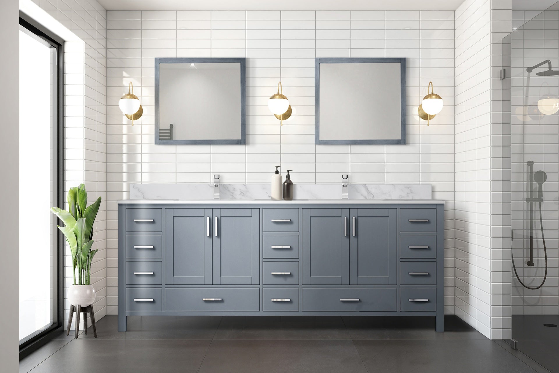 Dark Grey Double Bath Vanity 84 in. W x 22 in. D, Carrara Marble Top, and Faucet Set