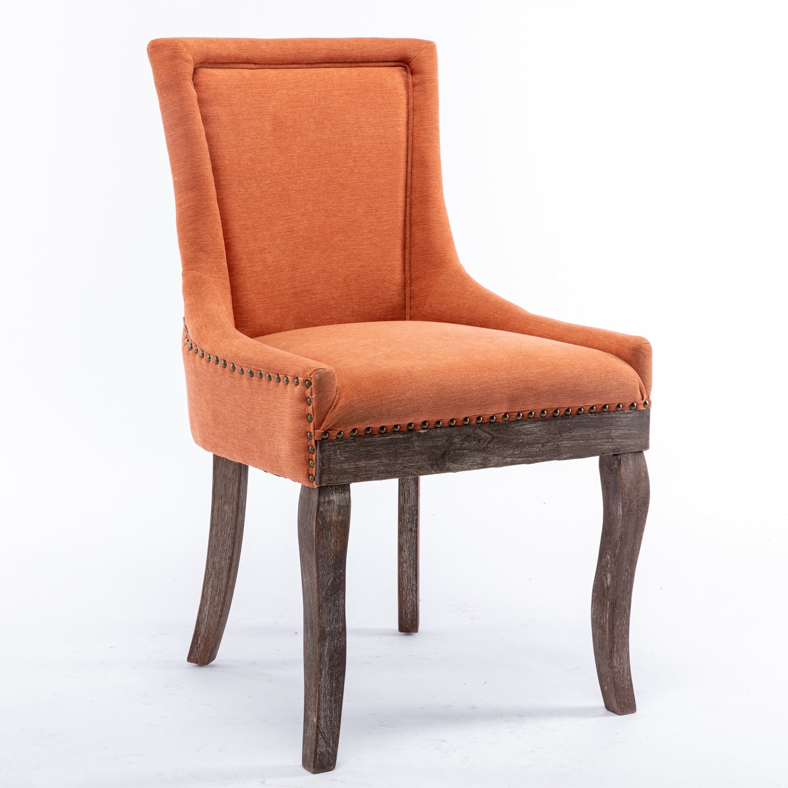 A&amp;A Furniture,Ultra Side Dining Chair，Thickened fabric chairs with neutrally toned solid wood legs， Bronze nail head，Set of 2，Orange