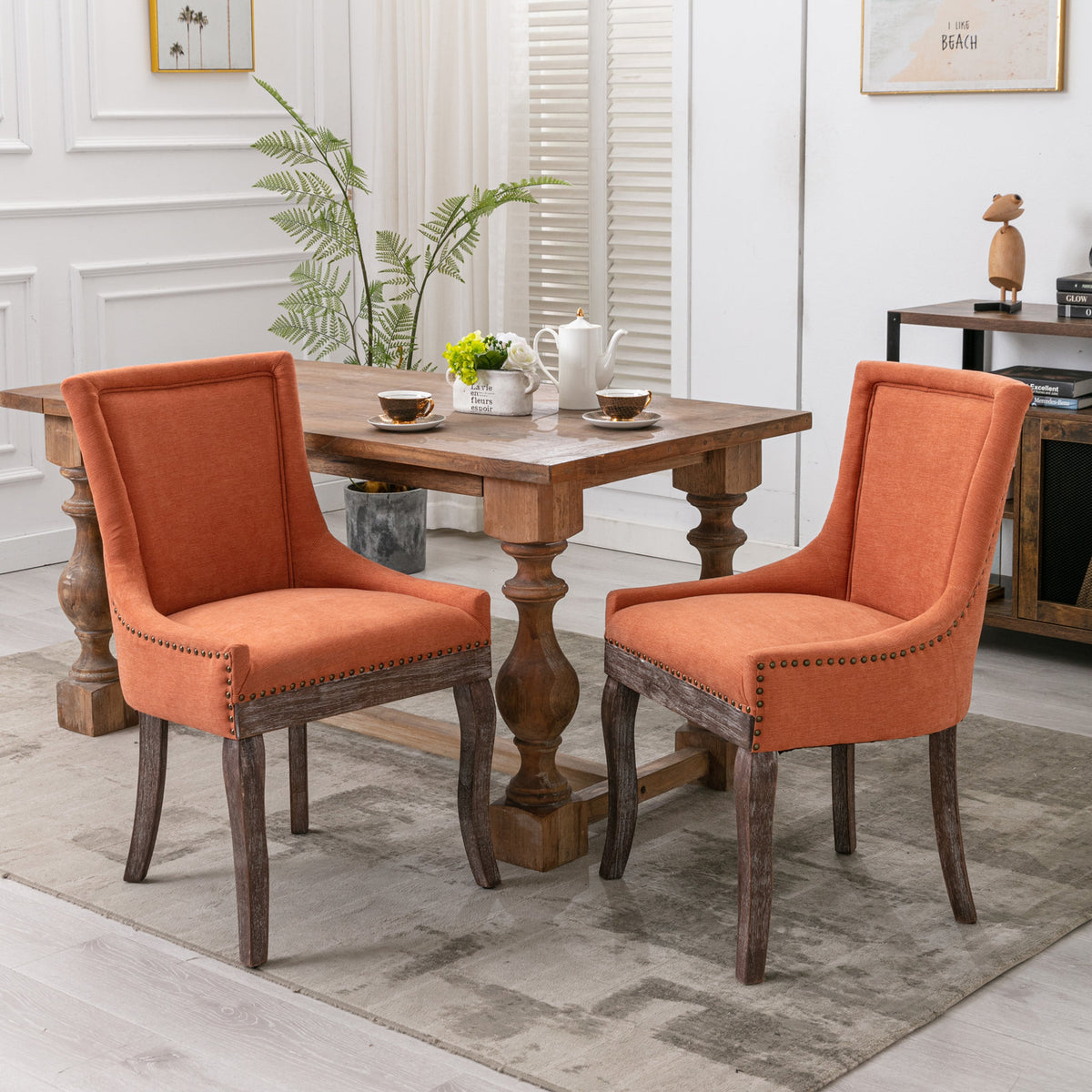 A&amp;A Furniture,Ultra Side Dining Chair，Thickened fabric chairs with neutrally toned solid wood legs， Bronze nail head，Set of 2，Orange