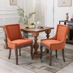 A&amp;A Furniture,Ultra Side Dining Chair，Thickened fabric chairs with neutrally toned solid wood legs， Bronze nail head，Set of 2，Orange