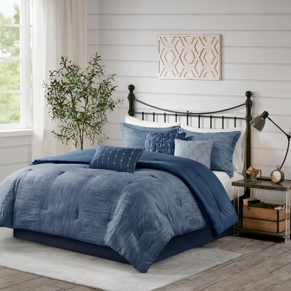 7 Piece Printed Seersucker Comforter Set Navy Cal King
