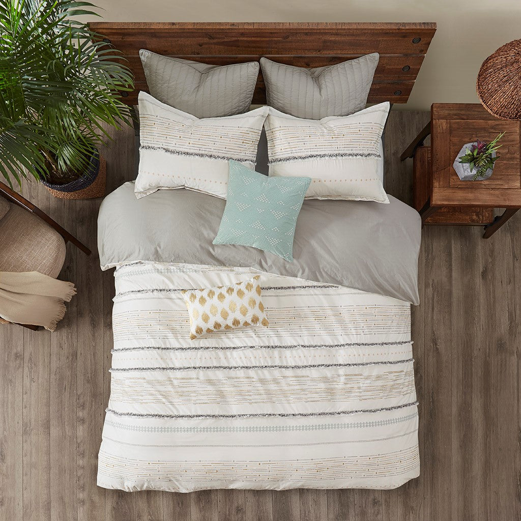 Cotton Printed Comforter Set with Trims Off White/Gray Full/Queen