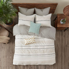 Cotton Printed Comforter Set with Trims Off White/Gray Full/Queen
