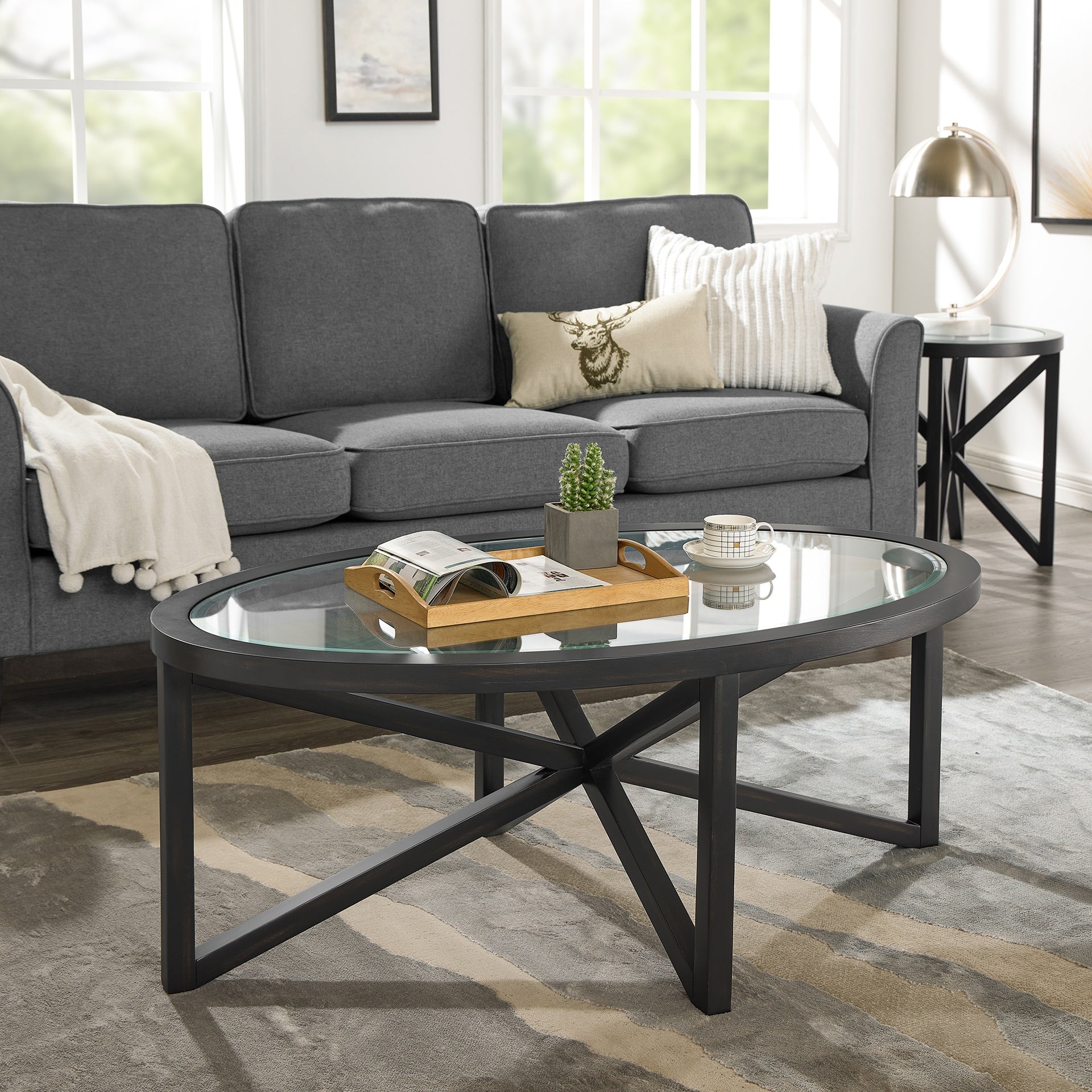 Modern simple glass coffee table, tempered glass coffee table solid wood base round transparent glass top modern living room terrace study coffee table